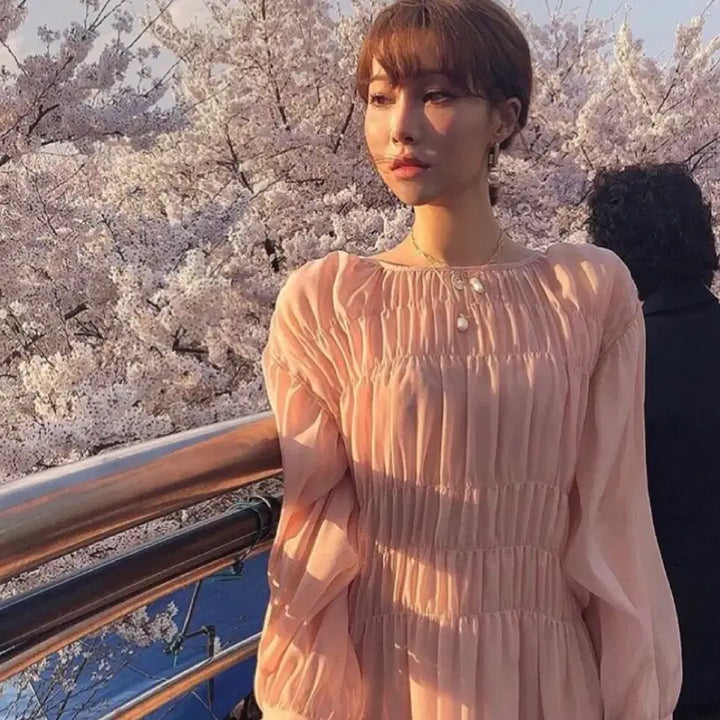 [BUNJANG] Self-Produced Cherry Blossom Pleated Long Dress / 벚꽃 주름 롱 원피스[자체제작]
