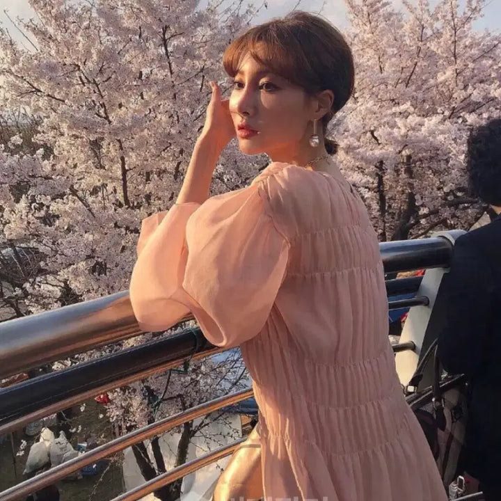 [BUNJANG] Self-Produced Cherry Blossom Pleated Long Dress / 벚꽃 주름 롱 원피스[자체제작]