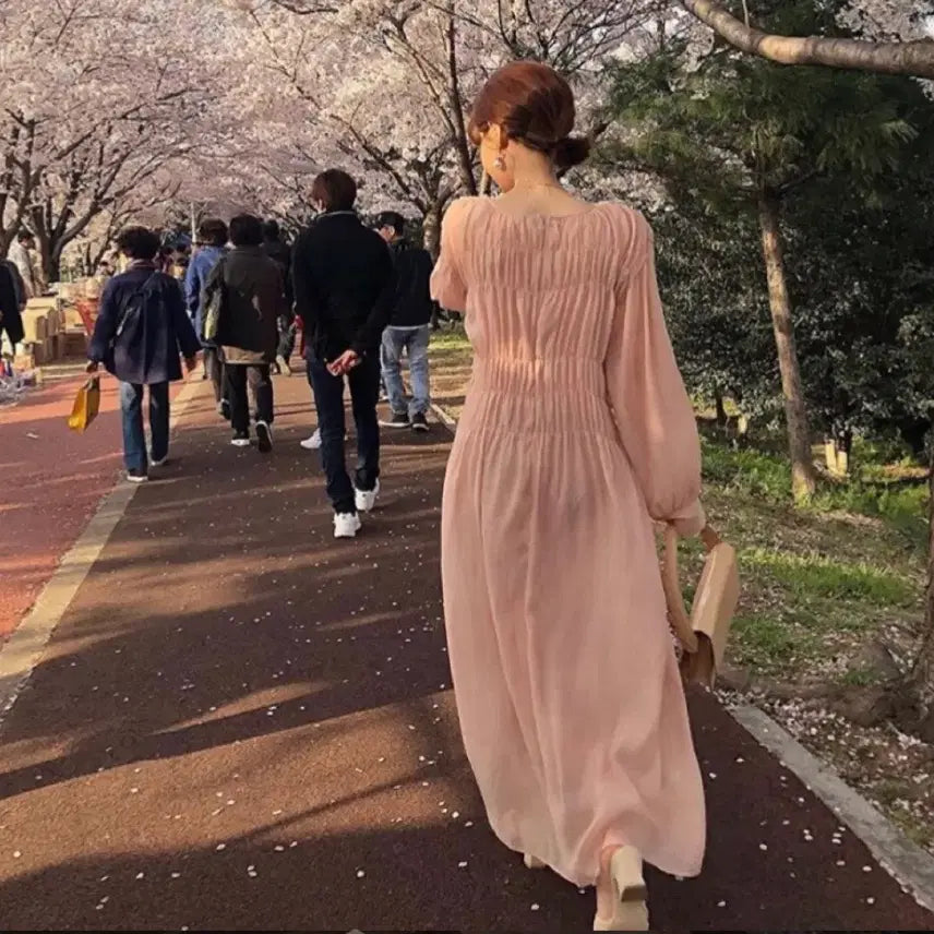 [BUNJANG] Self-Produced Cherry Blossom Pleated Long Dress / 벚꽃 주름 롱 원피스[자체제작]