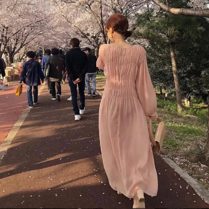 [BUNJANG] Self-Produced Cherry Blossom Pleated Long Dress / 벚꽃 주름 롱 원피스[자체제작]