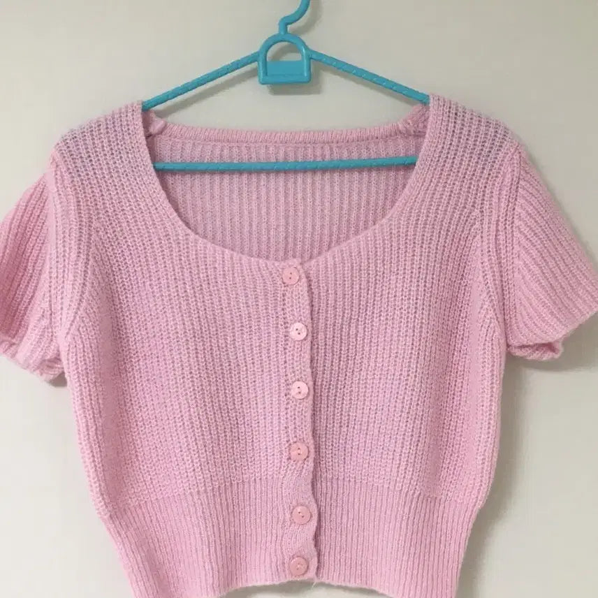 [BUNJANG] Pink Knit Short Sleeve Cardigan / 핑크 니트 반팔 가디건