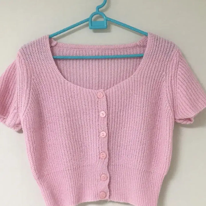 [BUNJANG] Pink Knit Short Sleeve Cardigan / 핑크 니트 반팔 가디건