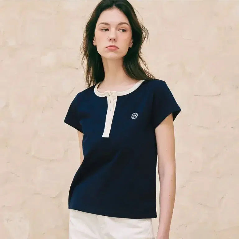 [BUNJANG] RonRon Henryneck Half T-Shirt Navy / 론론) HENRYNECK HALF T-SHIRT NAVY