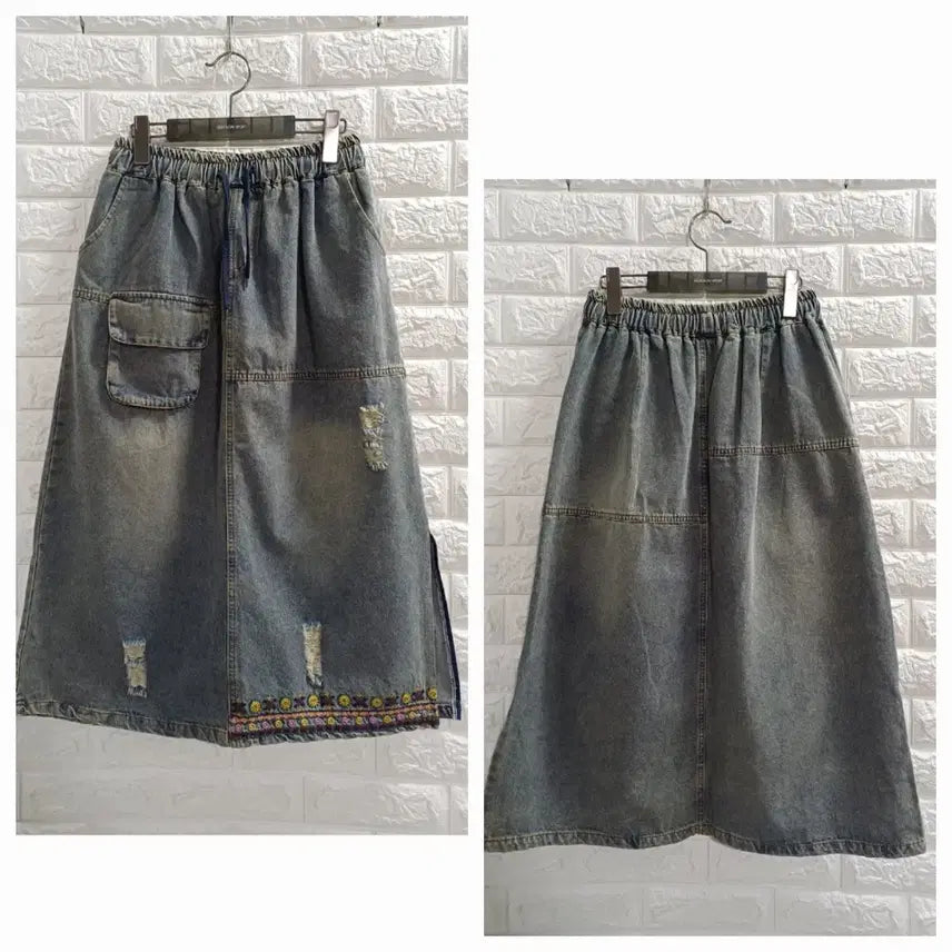 [BUNJANG] Banding Floral Embroidery Denim Skirt / 밴딩 잔꽃자수 데님스커트