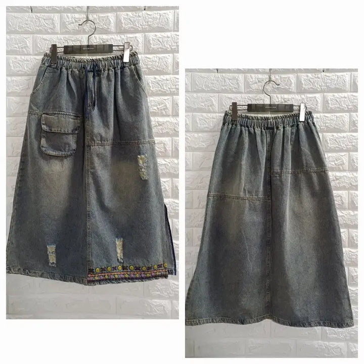 [BUNJANG] Banding Floral Embroidery Denim Skirt / 밴딩 잔꽃자수 데님스커트