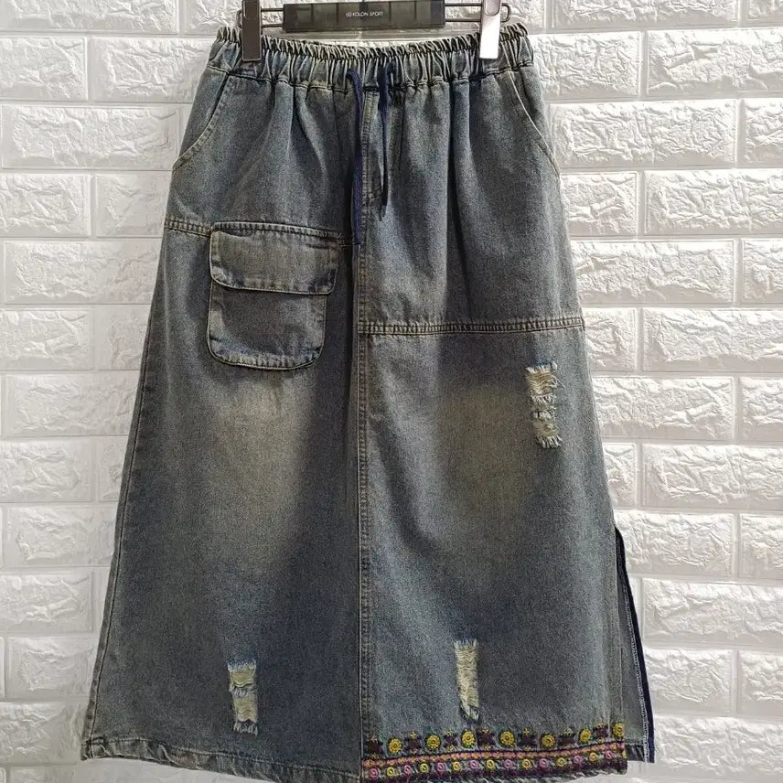 [BUNJANG] Banding Floral Embroidery Denim Skirt / 밴딩 잔꽃자수 데님스커트