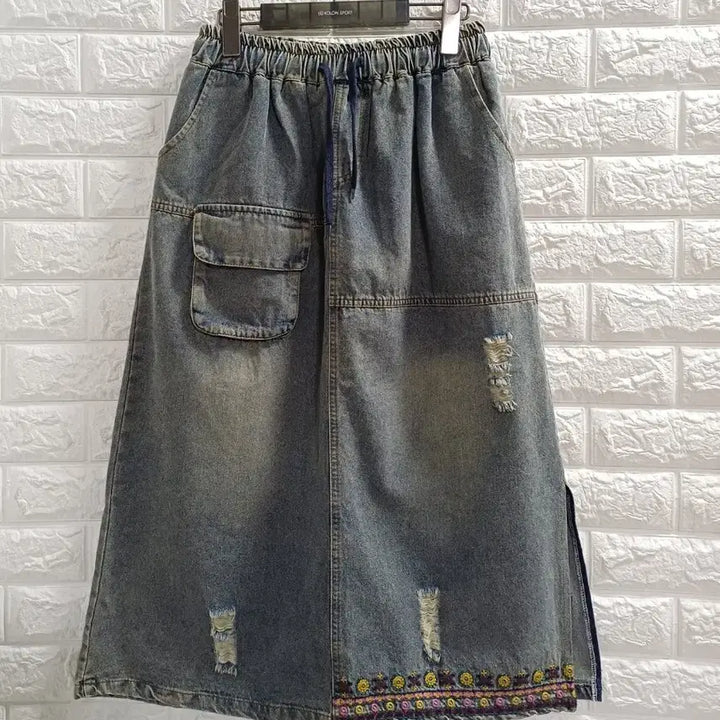 [BUNJANG] Banding Floral Embroidery Denim Skirt / 밴딩 잔꽃자수 데님스커트