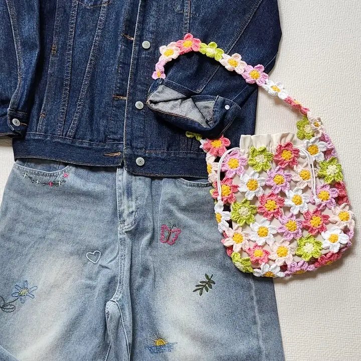 [BUNJANG] Knitted Floral Shoulder Bag with Drawstring Pouch / MZ세대도 반해버린 뜨개숄더백 꽃가방 봄여름뜨개가방+조임파우치