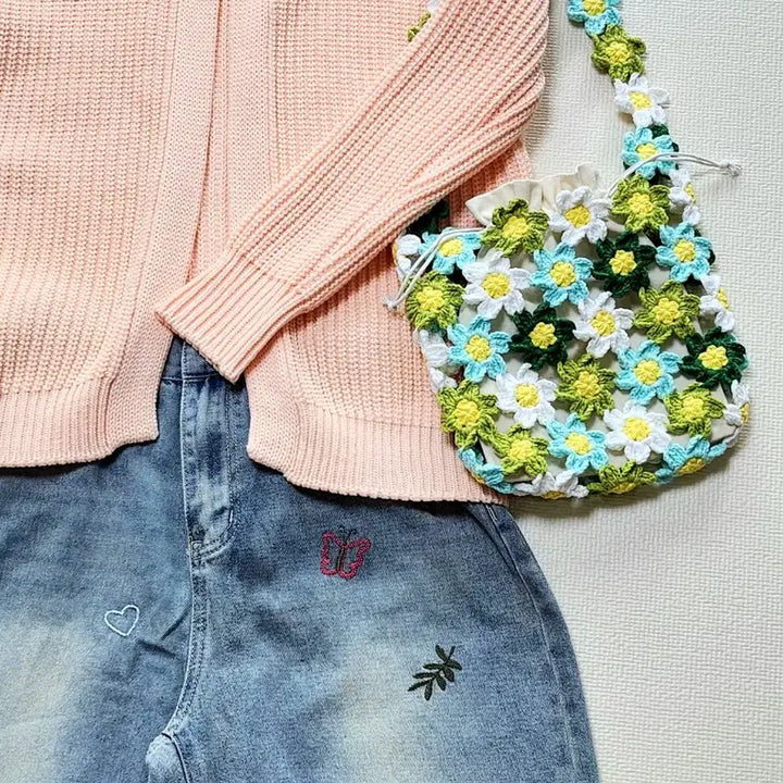 [BUNJANG] Knitted Floral Shoulder Bag with Drawstring Pouch / MZ세대도 반해버린 뜨개숄더백 꽃가방 봄여름뜨개가방+조임파우치