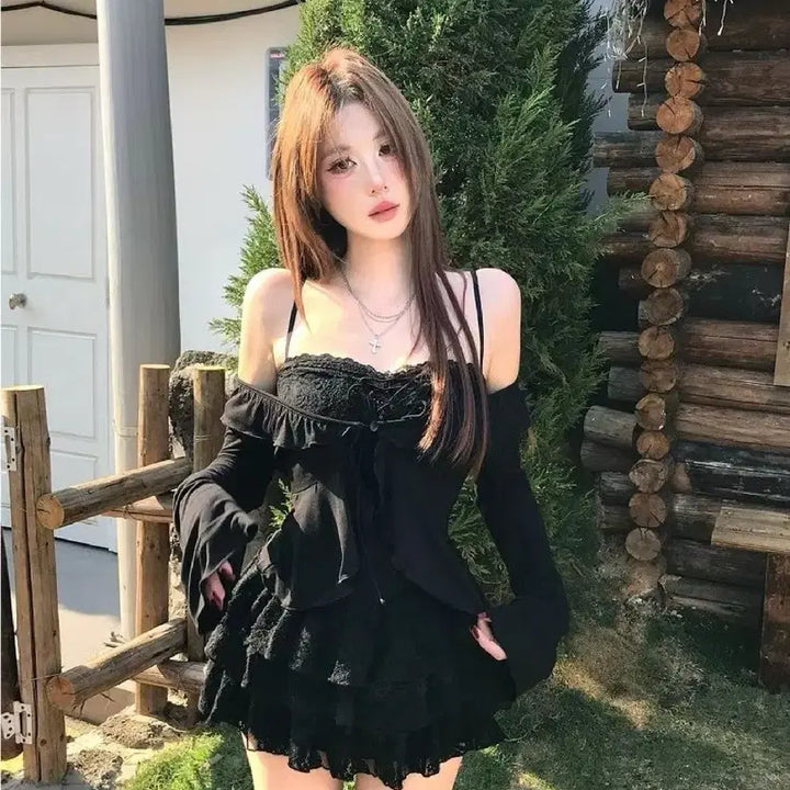 [BUNJANG] Lace Dress &amp; Cardigan Set / 패션 레이스 원피스 + 가디건 세트(예약판매)