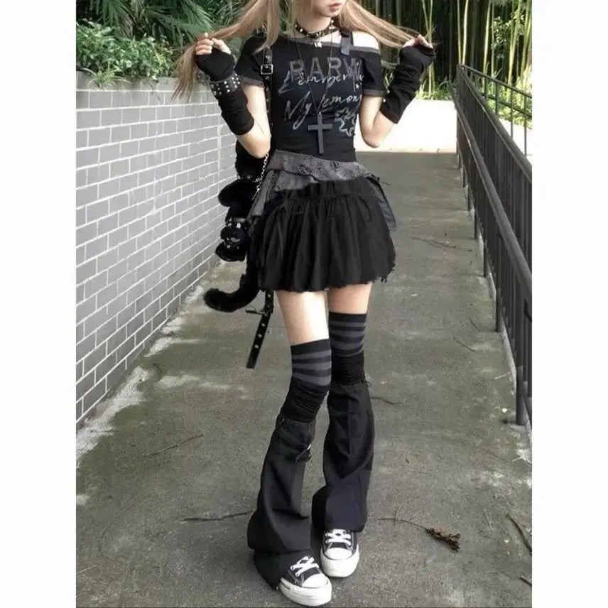 [BUNJANG] Dark Style Print T-shirt and Skirt Set / 다크 스타일 프린트 티셔츠 + 스커트 세트