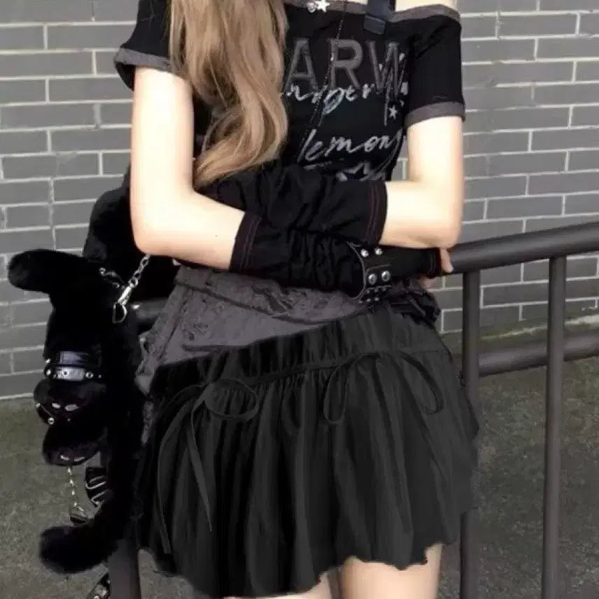 [BUNJANG] Dark Style Print T-shirt and Skirt Set / 다크 스타일 프린트 티셔츠 + 스커트 세트