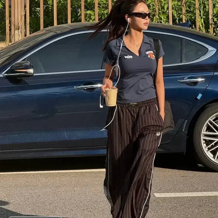 [BUNJANG] Badblood Dark Classic Pinstripe Track Pants - Black / 배드블러드 다크 클래식 핀스트라이프 트랙팬츠 - 블랙