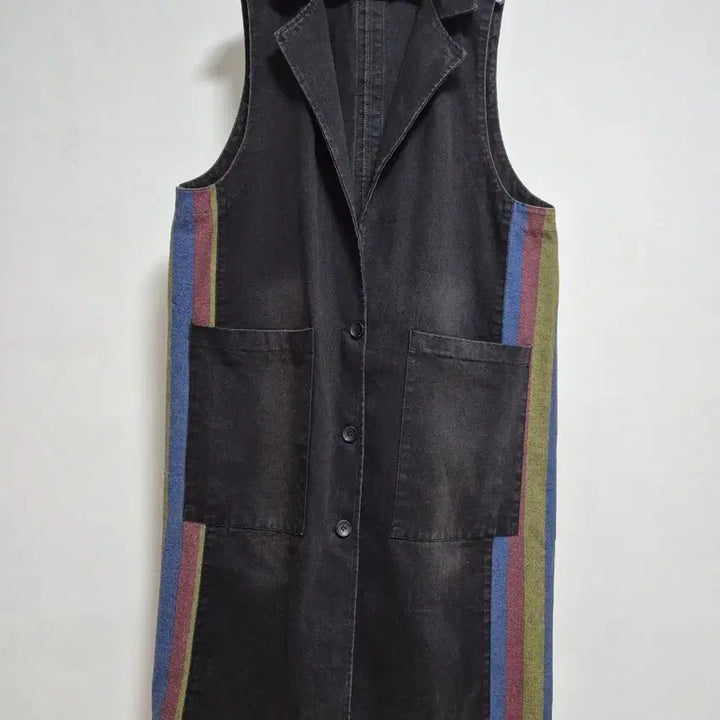 [BUNJANG] Black Denim Long Vest Color Line Contrast / 블랙 데님 롱 조끼 컬러 라인 배색
