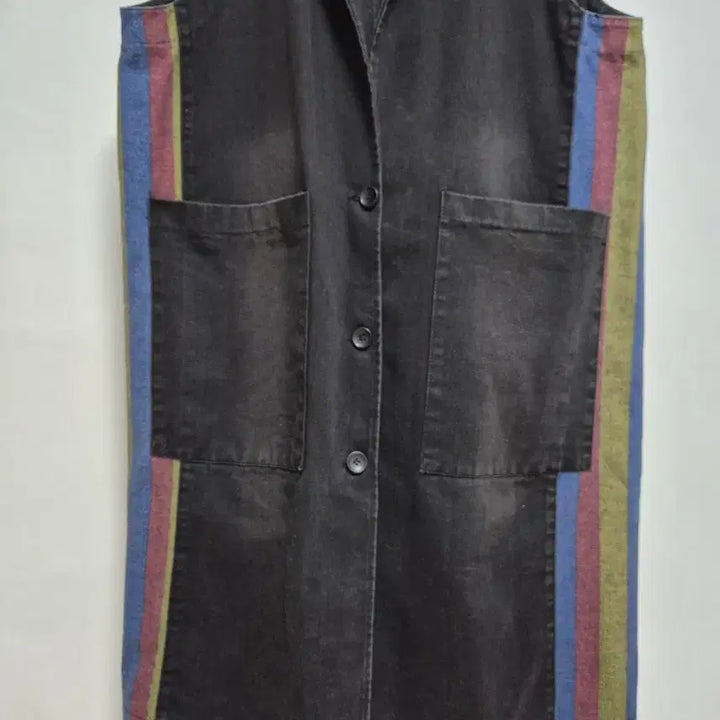 [BUNJANG] Black Denim Long Vest Color Line Contrast / 블랙 데님 롱 조끼 컬러 라인 배색