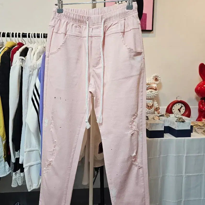 [BUNJANG] Pink Damage String Punching Pants / 핑크 데미지 스트링 펀칭 팬츠