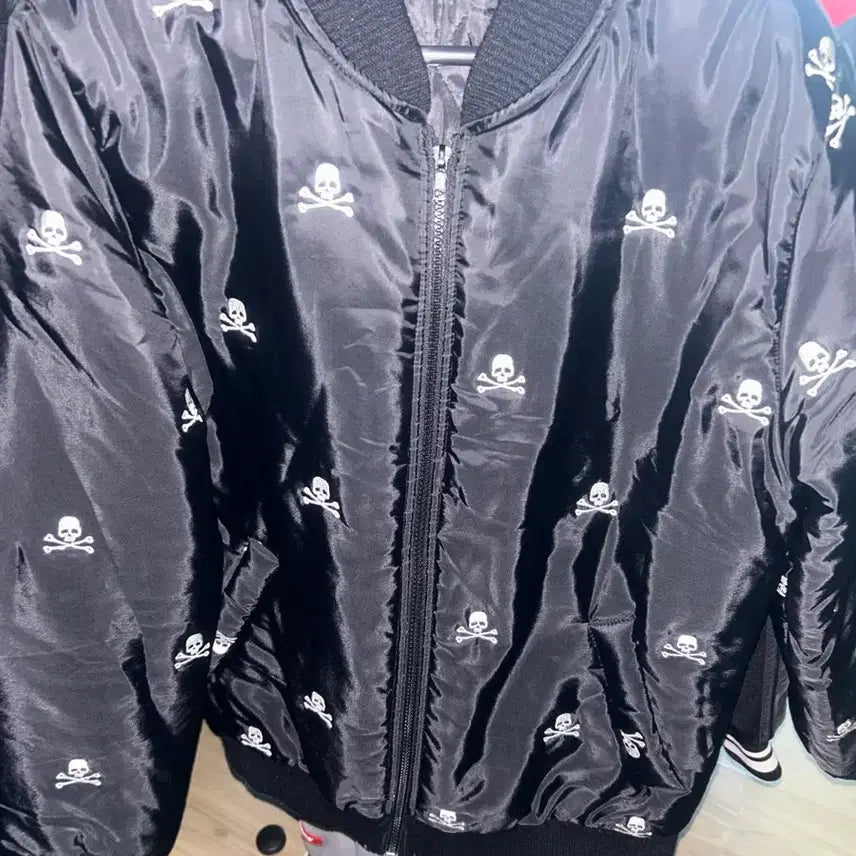 [BUNJANG] Rock Punk Gothic Skull Pattern Black Bomber Jacket / 락시크펑크고스빈티지 해골 패턴 블랙 봄버 항공점퍼자켓