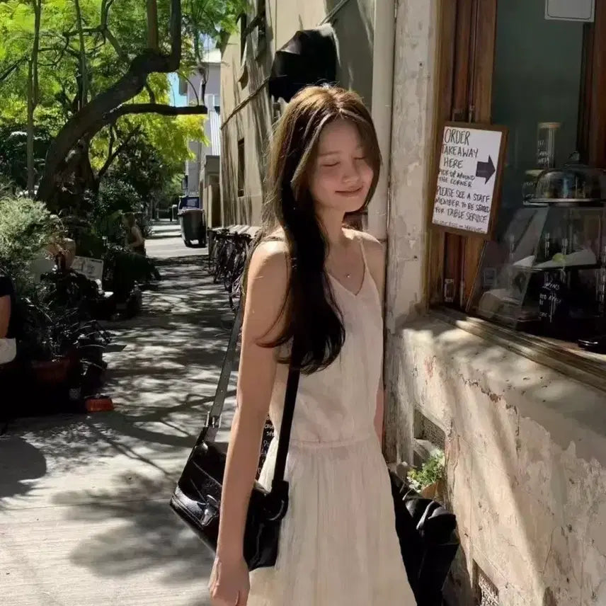 [BUNJANG] White Pleated Mini Dress / 화이트 끈나시 플리츠 미니 원피스
