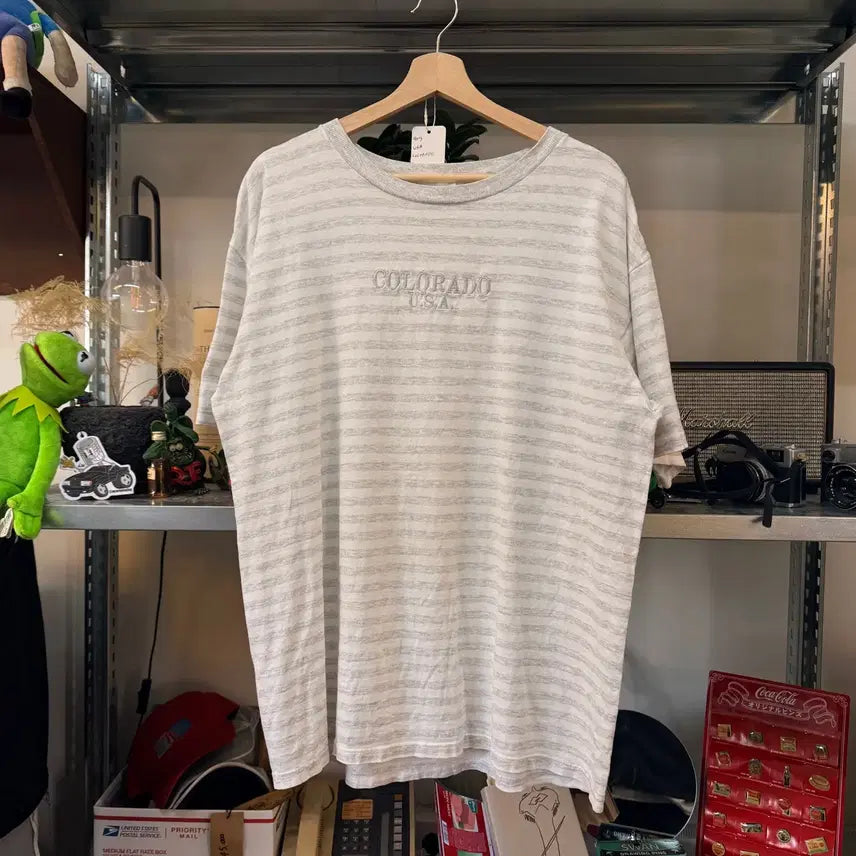 [BUNJANG] Colorado USA Miller Gray Striped T-shirt / 90S 콜로라도 USA MILLER 베이스 그레이 스트라이프 싱글스티치