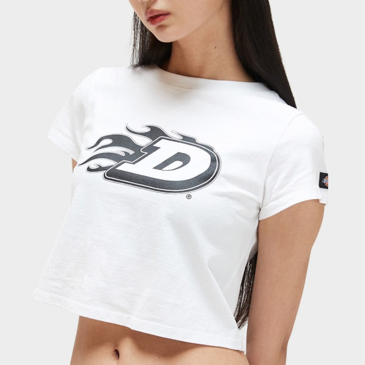 [BUNJANG] Dickies Flame D Crop T-Shirt White S (Sealed) / 새) 디키즈 플레임 D 크롭티셔츠 화이트 S 미개봉 새상품