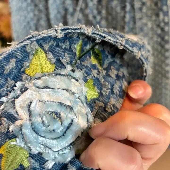 [BUNJANG] Denim Floral Embroidered Belted Long Coat / 데님 플라워 자수 벨티드 롱 코트