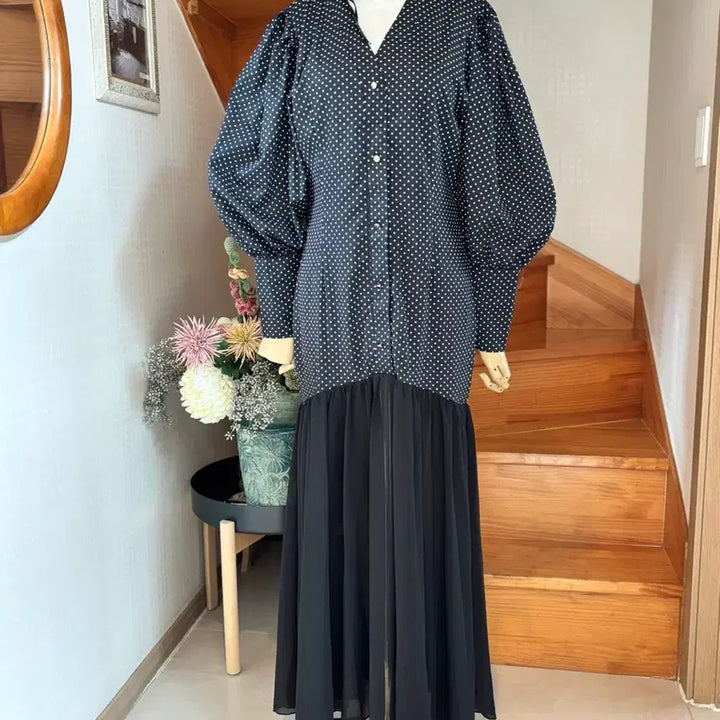 [BUNJANG] Black Dot Pattern Long Dress / 블랙 도트 패턴 롱 원피스