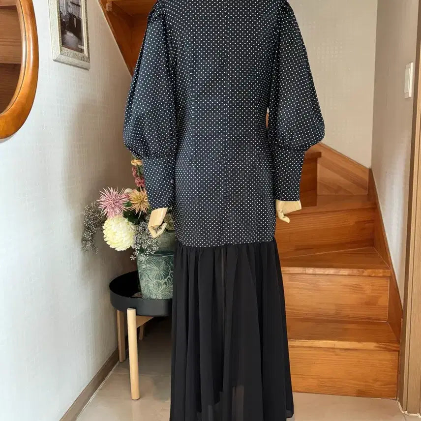 [BUNJANG] Black Dot Pattern Long Dress / 블랙 도트 패턴 롱 원피스