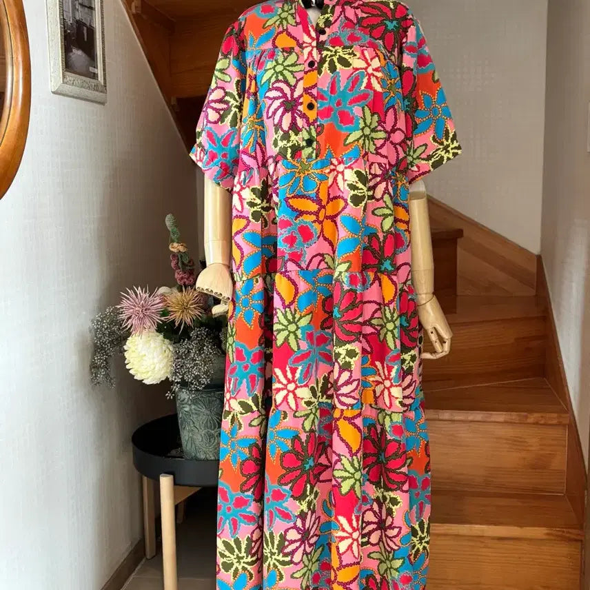 [BUNJANG] Floral Pattern Long Dress / 화려한 플라워 패턴 롱 원피스 풍성