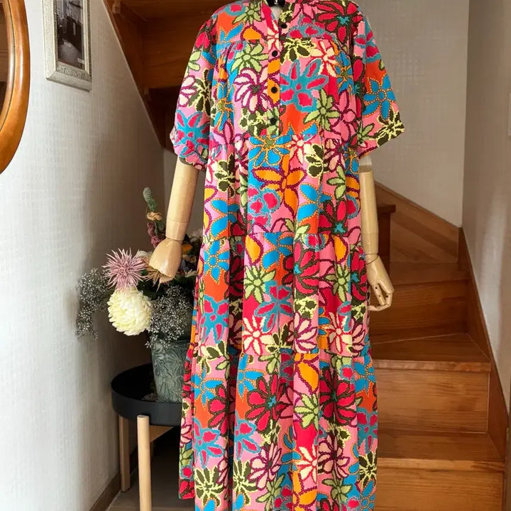 [BUNJANG] Floral Pattern Long Dress / 화려한 플라워 패턴 롱 원피스 풍성