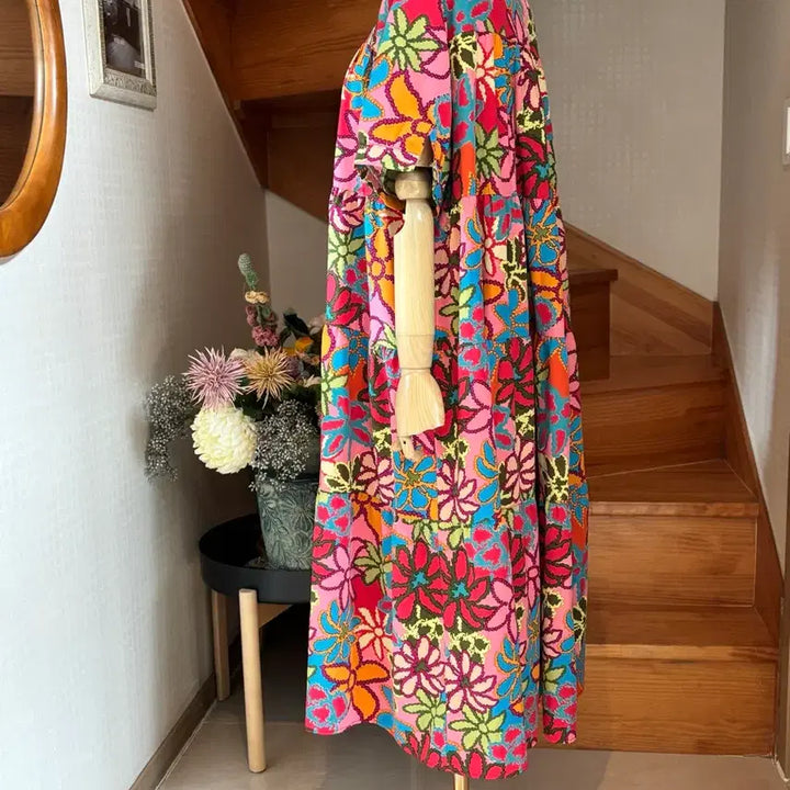 [BUNJANG] Floral Pattern Long Dress / 화려한 플라워 패턴 롱 원피스 풍성