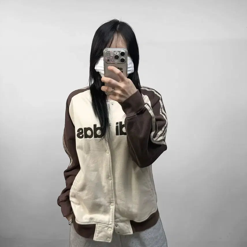 [BUNJANG] Adidas Snap Button Three Stripe Brown Cotton Jacket / 아디다스 스냅 버튼 삼선 브라운 빅 로고 코튼 자켓