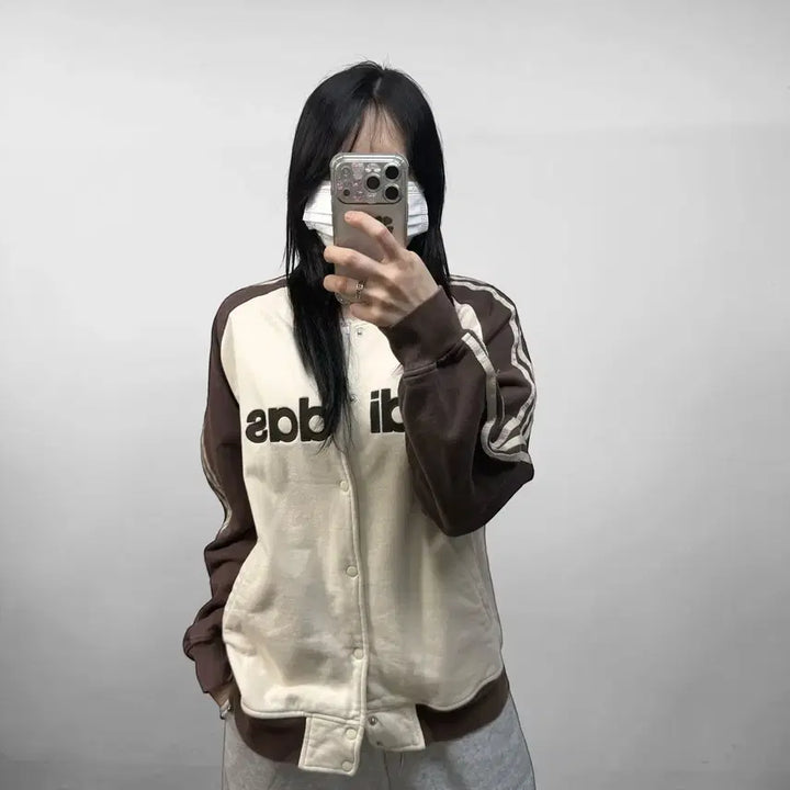 [BUNJANG] Adidas Snap Button Three Stripe Brown Cotton Jacket / 아디다스 스냅 버튼 삼선 브라운 빅 로고 코튼 자켓