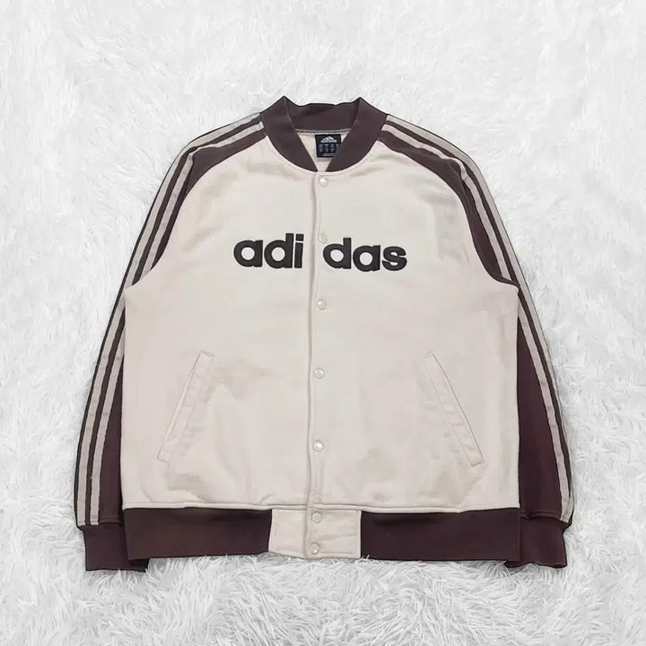 [BUNJANG] Adidas Snap Button Three Stripe Brown Cotton Jacket / 아디다스 스냅 버튼 삼선 브라운 빅 로고 코튼 자켓