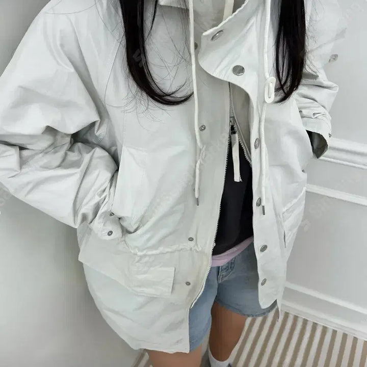 [BUNJANG] White Hooded Long Parka Jacket / 화이트 후드 롱 야상 점퍼