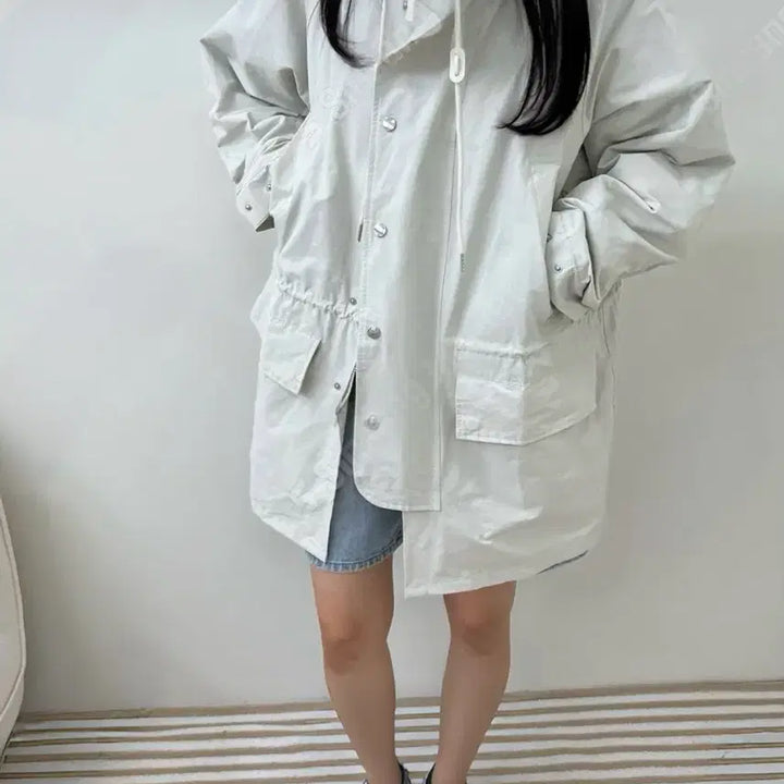 [BUNJANG] White Hooded Long Parka Jacket / 화이트 후드 롱 야상 점퍼