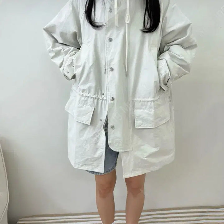 [BUNJANG] White Hooded Long Parka Jacket / 화이트 후드 롱 야상 점퍼