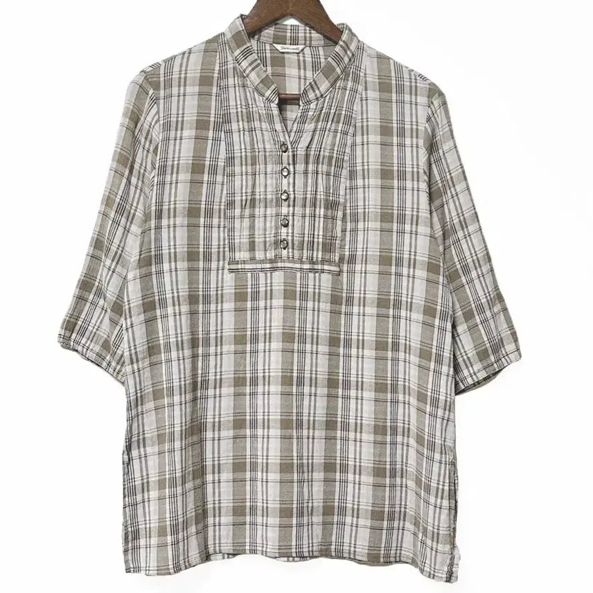 [BUNJANG] Vintage Check Pattern Blouse Shirt Beige / 일본빈티지 반오픈버튼업 체크핀턱블라우스셔츠티베이지 모리걸하구미룩갸루y2k