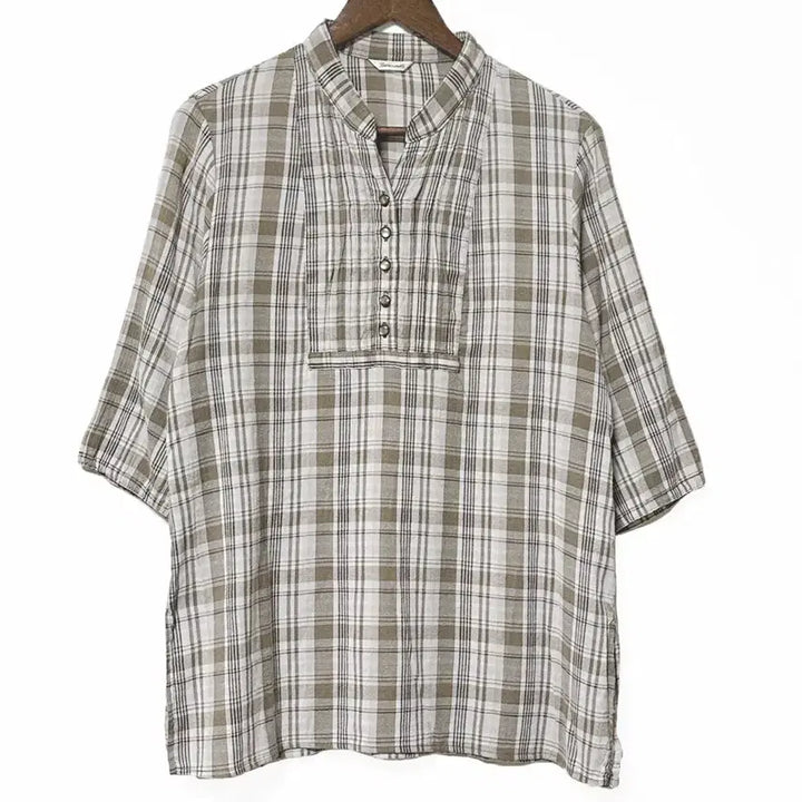 [BUNJANG] Vintage Check Pattern Blouse Shirt Beige / 일본빈티지 반오픈버튼업 체크핀턱블라우스셔츠티베이지 모리걸하구미룩갸루y2k