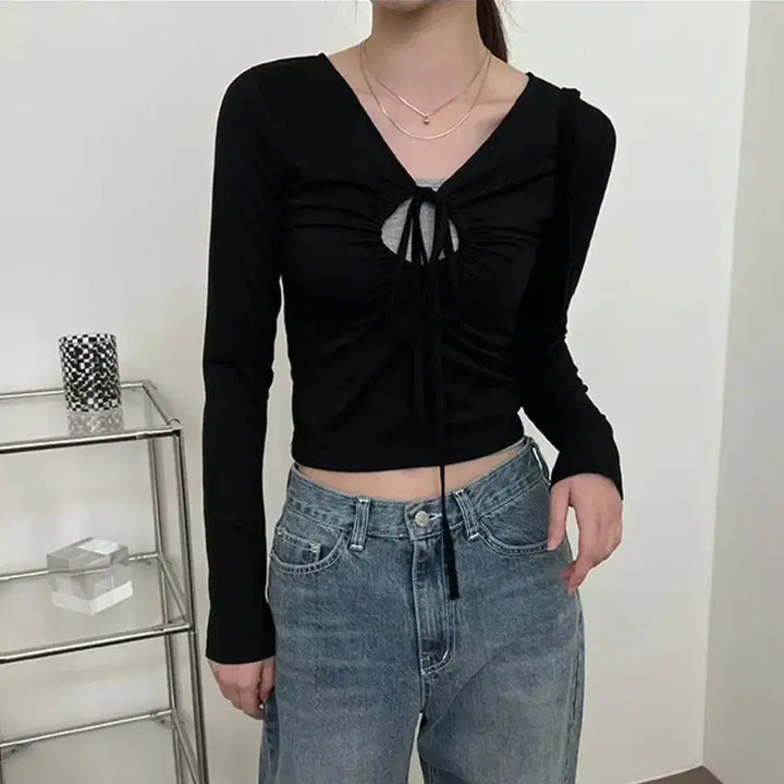[BUNJANG] Kkomeng O-ring Crop Long Sleeve Top / 에이블리 꼬맹 오링끈 크롭 긴팔티 블랙