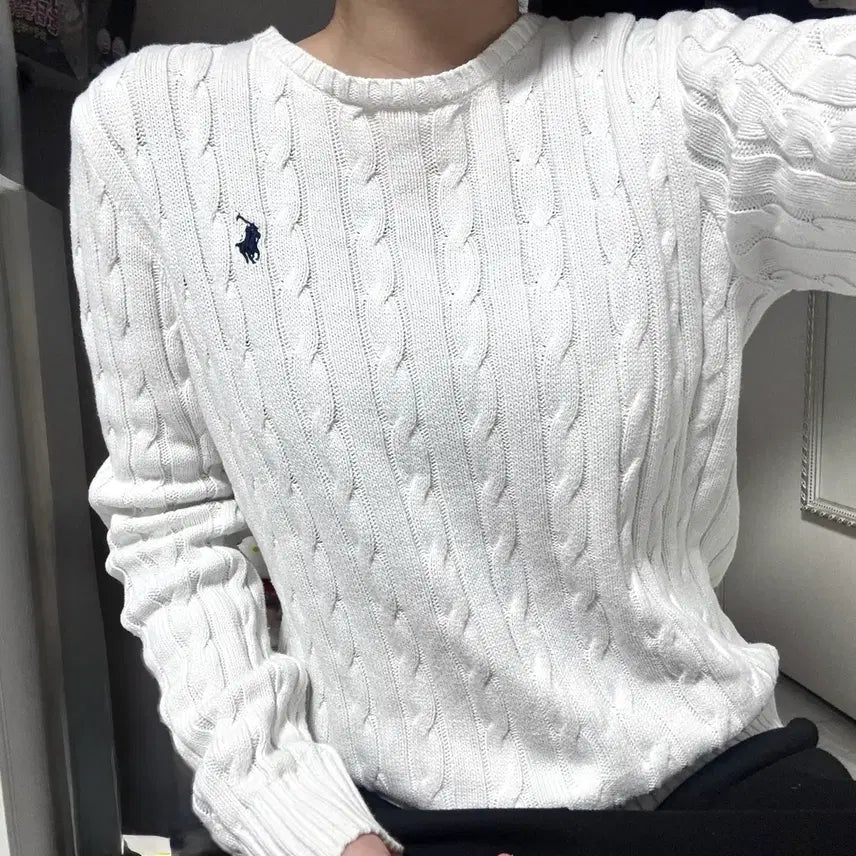[BUNJANG] M Polo Cable Knit Sweater / M 폴로 케이블 니트/여성옷/화이트/라운드넥/꽈배기/긴팔/네이비로고