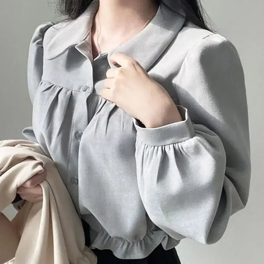 [BUNJANG] Gray Chiffon Crop Blouse / 그레이색 청순여리 둥근 카라 퍼프 크롭 블라우스