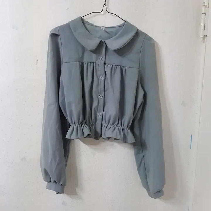 [BUNJANG] Gray Chiffon Crop Blouse / 그레이색 청순여리 둥근 카라 퍼프 크롭 블라우스