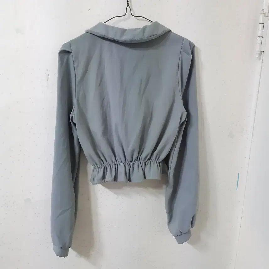[BUNJANG] Gray Chiffon Crop Blouse / 그레이색 청순여리 둥근 카라 퍼프 크롭 블라우스