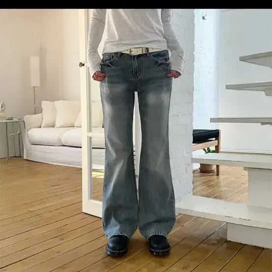 [BUNJANG] LOOFON Cat Washing Flare Jeans / 에이블리 LOOFON 노스 캣워싱 플레어 진 부츠컷 데님 팬츠