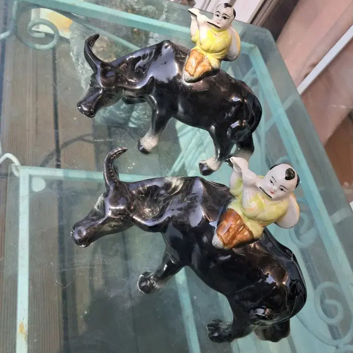 [BUNJANG] Celadon Porcelain Buffalo and Flute Boy Set / 물소와 피리부는 동자 세트
