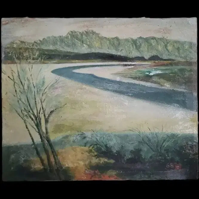[BUNJANG] Oil Painting 1968 - Rustic Riverside Scenery / 유화 1968년 작품  - 시골의 강가 서릿발이 보이는 고즈넉한 강가