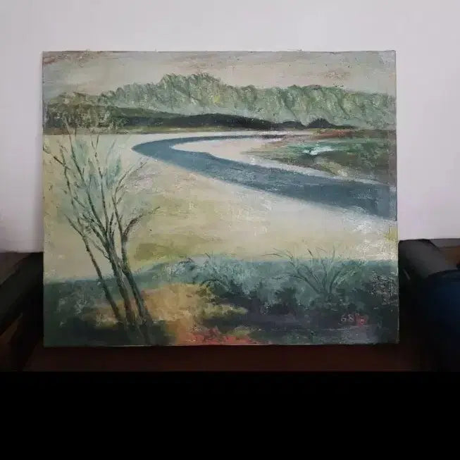 [BUNJANG] Oil Painting 1968 - Rustic Riverside Scenery / 유화 1968년 작품  - 시골의 강가 서릿발이 보이는 고즈넉한 강가