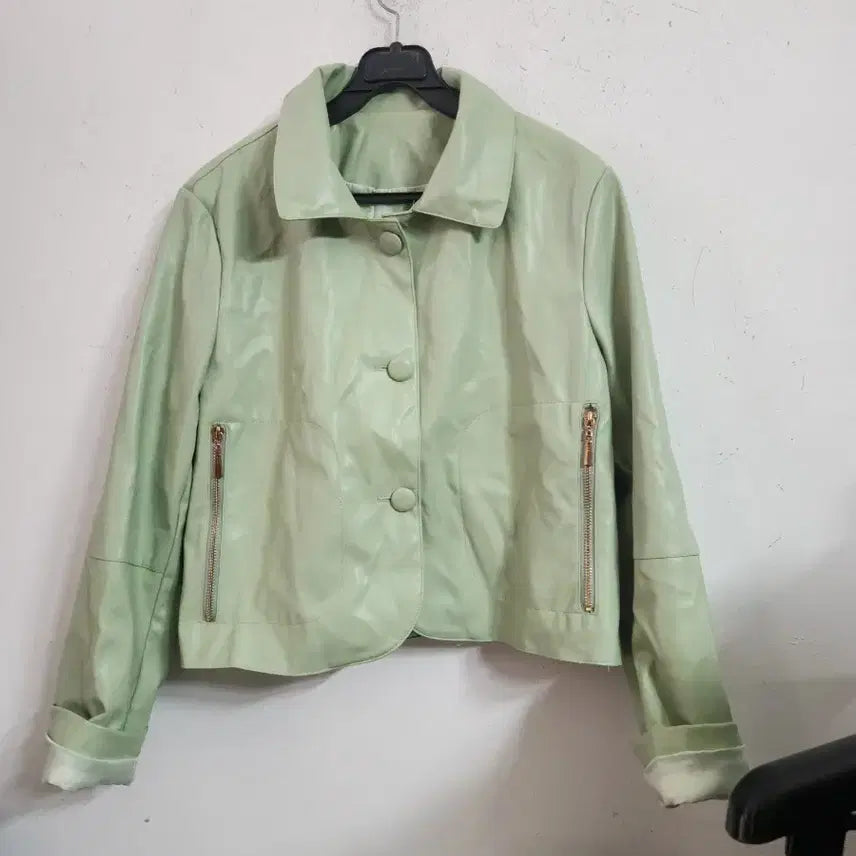 [BUNJANG] Mint Leather Button-Up Jacket / 민트색 레더 자켓 버튼업 스타일