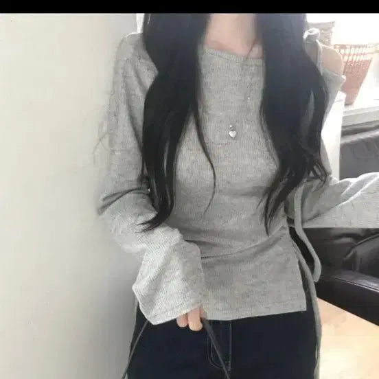 [BUNJANG] Off-shoulder Knit Top / 리본 오프숄더 긴팔 니트 티셔츠 에이블리 지그재그