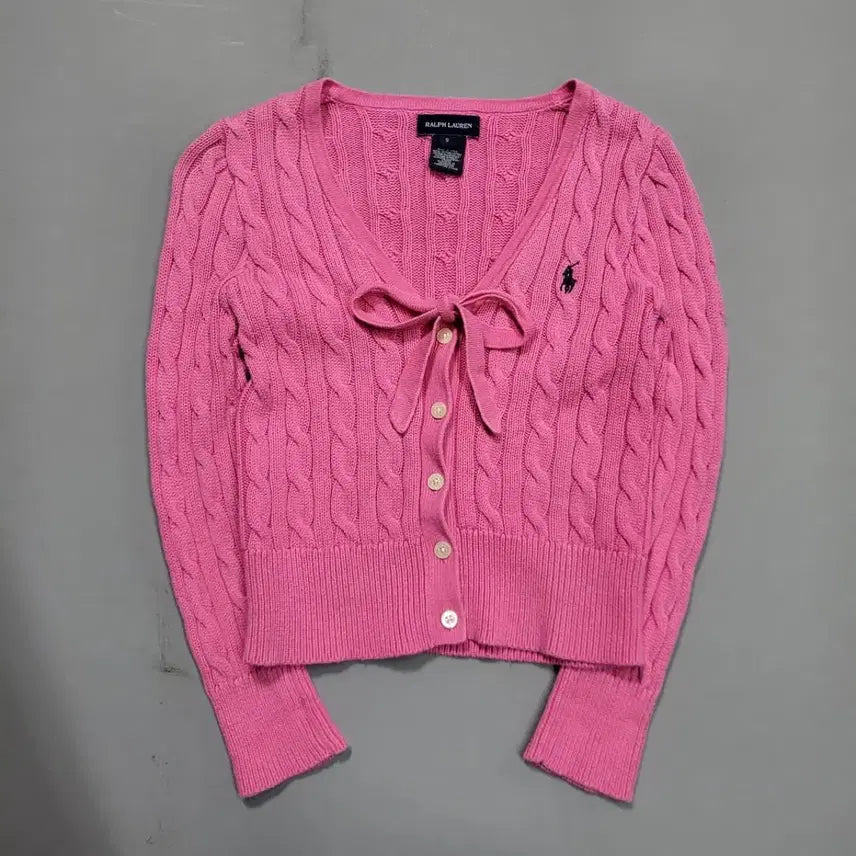 [BUNJANG] Polo Cable Knit Pink Cardigan (S) / 폴로 케이블 니트 핑크 가디건 s